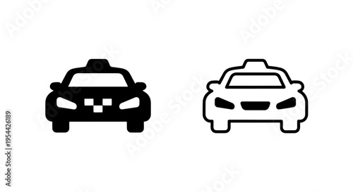 Front view taxi cab icon set: checkered grille with solid black and outline