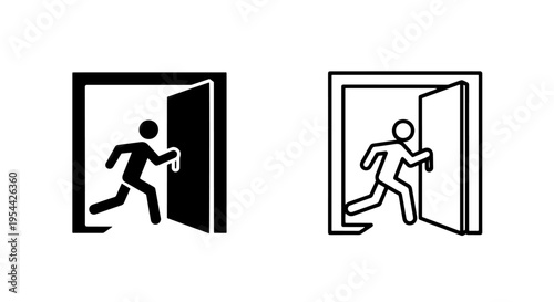 Exit sign symbol with person running through open door frame icon set