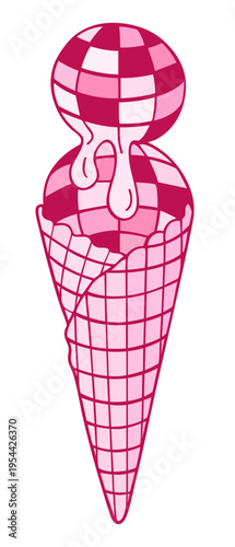 Melting Disco Ball Ice Cream Cone, Pink Retro Party Dessert, Y2K Pop Art Glam Aesthetic