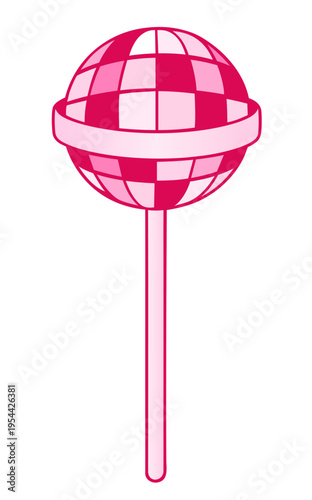 Disco Ball Lollipop in Pink Pastel Style, Funky Party Candy Retro 70s Pop Glam Aesthetic