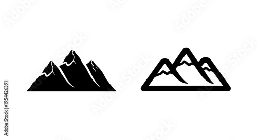 Mountain peak icon set with solid and outline vector illustrations