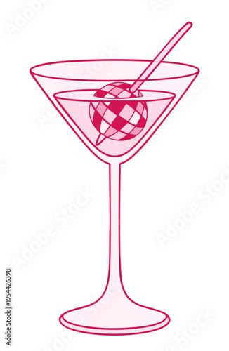 Pink Martini Cocktail Glass with Mirror Disco Ball Inside, Retro 70s Nightlife Party