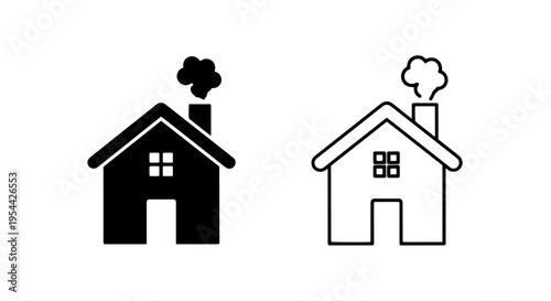 Simple residential house icon set with window and chimney smoke for family life