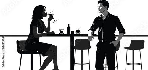 Stylized vector illustration of a man and woman having a drink at a bar, in black and white silhouette.Stylized vector illustration of a man and woman having a drink at a bar, in black and white silho
