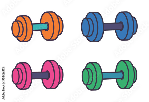 Colorful dumbbell collection: orange, blue, pink, and green variants on white background