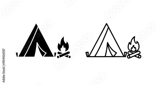 Outdoor camping tent and campfire icon set for adventure and hiking