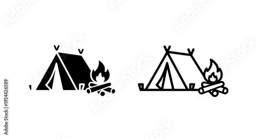 Nature camping tent and campfire icon set for outdoor forest recreation