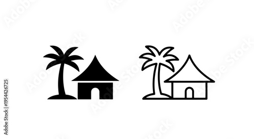 Tropical beach hut and palm tree icon for island resort travel