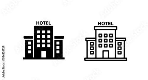 Hotel building icon set with signboard for travel and tourism services