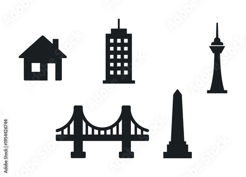 Silhouette icons of house, skyscraper, tower, bridge, and monument in black on white background