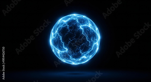 A 3d illustration of a glowing blue plasma ball on a black background depicting a global energy sphere like a planet or sun in the dark universe of astronomy and science