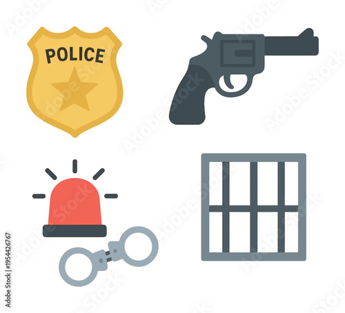 Police equipment icons: badge, gun, siren, handcuffs, jail bars