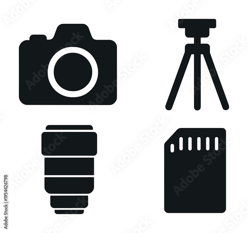 Camera equipment icons: camera, tripod, lens, memory card symbols