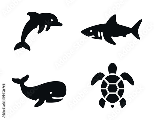 Silhouette icons of sea creatures: dolphin, shark, whale, turtle