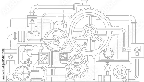 Detailed line art illustration of an intricate industrial machine with gears, pipes, and pistons showcasing complex mechanical engineering and system dynamics.
