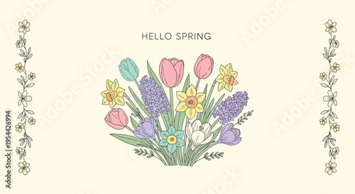 Pastel colored hand drawn illustration of a beautiful spring flower bouquet featuring various blooms and the text "Hello Spring".