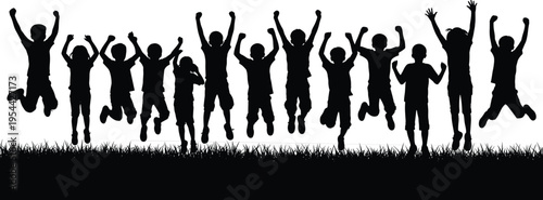 Black silhouette vector illustration set featuring a large group of happy children jumping and cheering on a grass field for summer camp youth community