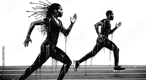 Two athletic runners sprinting on a track in a high contrast black and white vector with dripping ink.Two athletic runners sprinting on a track in a high contrast black and white vector with dripping 