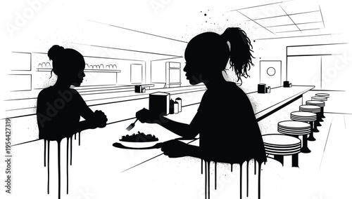 Two female silhouettes eating at a diner counter with stools in a stylized black and white ink drip vector.Two female silhouettes eating at a diner counter with stools in a stylized black and white in