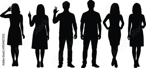 People silhouettes standing set men women different poses gestures lifestyle vector illustration collection isolated black human figures modern character design