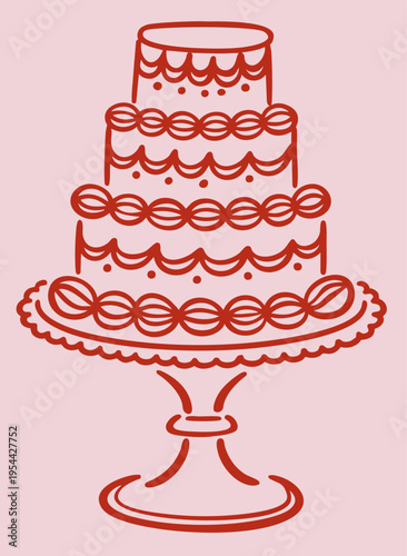 Hand drawn Valentine’s Day tiered cake on stand, romantic wedding and love dessert for February 14