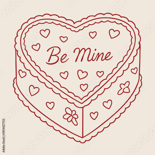 Hand drawn Valentine’s Day heart cake with Be Mine lettering, romantic love dessert for February 14