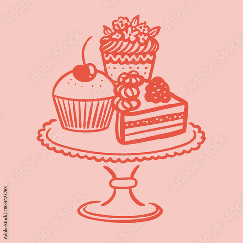 Hand drawn Valentine’s Day dessert cake stand with cupcake, berries and cherry, romantic sweet illustration for February 14 celebration