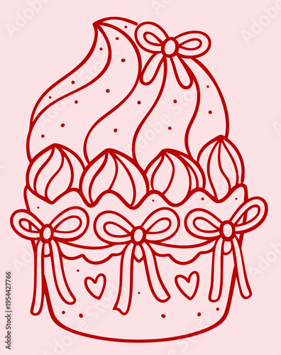 Hand drawn Valentine’s Day cream cake with bows, romantic bakery dessert illustration for February 14 love celebration
