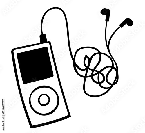 Retro MP3 Player with Wired Earphones, Teen Music Culture 2000s Throwback, Youth Choosing Corded Headphones over Wireless Trend