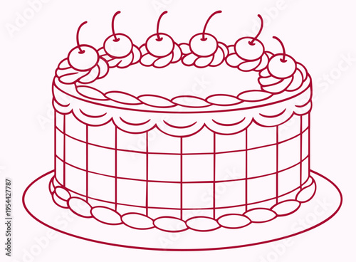 Hand drawn Valentine’s Day classic round cake with cream decoration, romantic dessert illustration for February 14