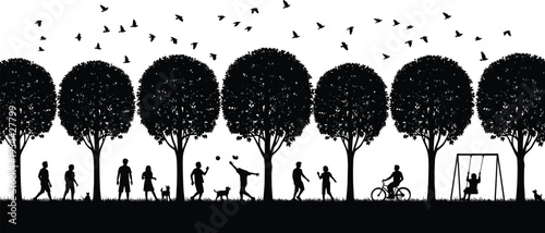 Park silhouette illustration, people outdoor activities, walking dogs, cycling, swinging, nature leisure, community lifestyle vector, urban greenery design, flavector