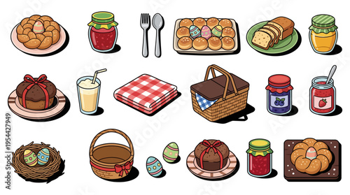Easter picnic food elements and basket set | Traditional holiday snacks and treats collection in a clean cartoon illustration style