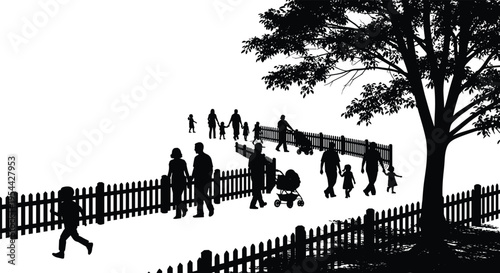 Park walkway silhouette, family outdoor vector, children walking illustration, stroller scene artwork, peaceful communal lifestyle design, tree nature element, flavector