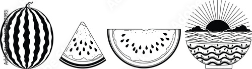 Cute fox illustration sWatermelon illustration set with whole fruit slices and tropical sunset beach scene in vintage hand drawn style isolated on white backgroundWatermelon illustration set with whol