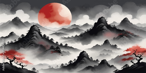 Sunrise over misty mountains with glowing sky and soft clouds