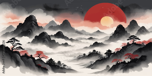 Sunset over a mountain landscape with glowing sky and soft clouds