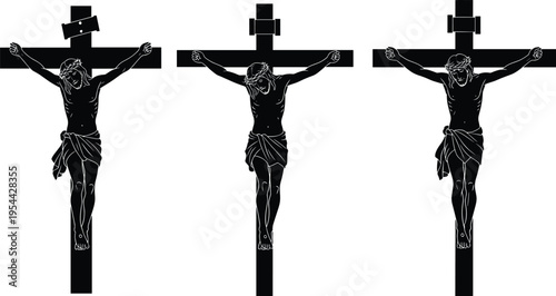 Black silhouette vector illustration set featuring Jesus Christ on the holy cross for Good Friday Easter Sunday religious church and spiritual branding design