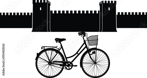 Black bicycle with basket in front of castle wall silhouette bike