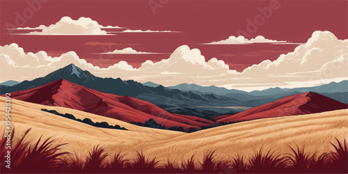 Beautiful mountain landscape with clouds, sunlight, and mist over a valley at sunrise