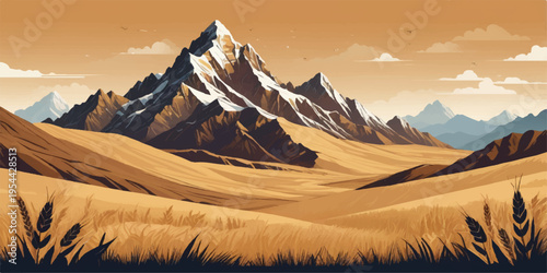 A panoramic mountain landscape with snowy peaks, glowing sunrise and sunset skies, drifting clouds, and a serene natural valley view