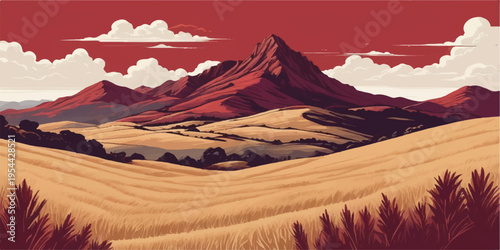 A scenic desert mountain landscape with sandy hills, rocky valleys, and a winding road under a cloudy sunset sky