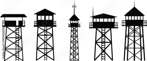 Watchtower silhouettes illustration, observation tower vector, security lookout artwork, elevated platform design, surveillance infrastructure structure, architectural style variation, flavector