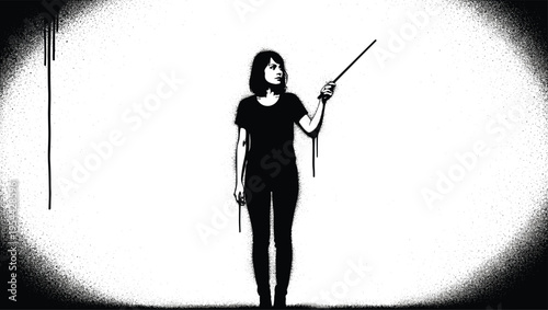Woman holding a pointer stick standing in a bright spotlight circle in high contrast black and white vector.Woman holding a pointer stick standing in a bright spotlight circle in high contrast black a