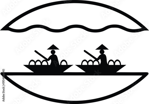 a floating market on the mekong delta women in co line art vector illustration on transparent background