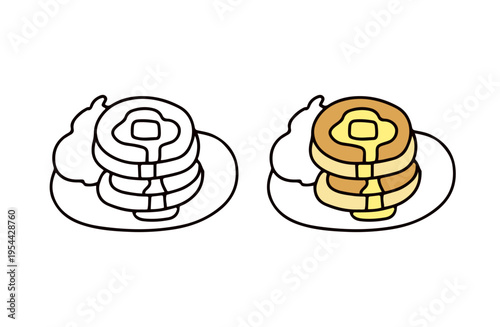 白黒と色つきのホットケーキのイラストセット