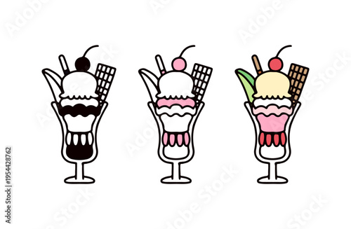 白黒と色つきのパフェのイラストセット