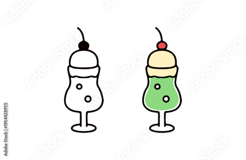 白黒と色つきのクリームソーダのイラストセット