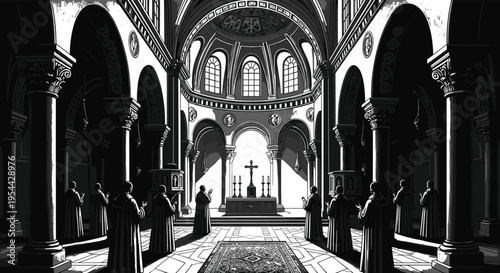 Monochrome interior of a church with people standing in rows black and white
