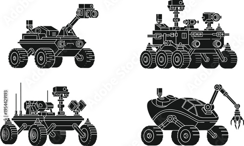 Mars rover silhouettes set isolated on white background, space exploration robots, planetary research vehicles, futuristic technology, science mission, robotic engineering illustration design