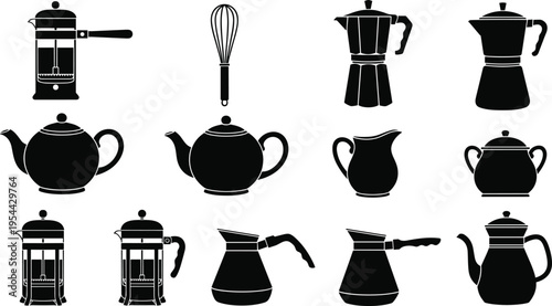 Black silhouette vector illustration set featuring various kitchenware items including French press coffee makers moka pots teapots and whisk for cafe and kitchen design,